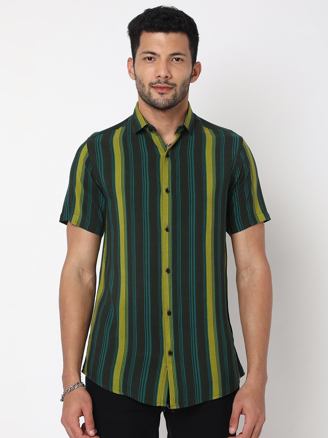 

7Shores Classic Fit Striped Spread Collar Casual Shirt, Green