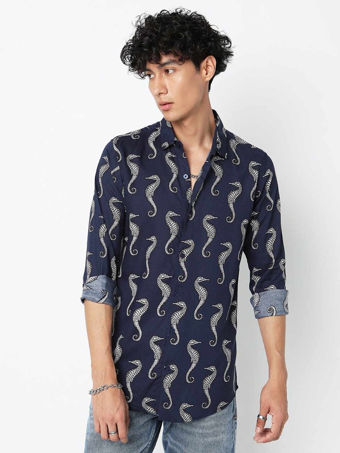 

7Shores Classic Conversational Printed Casual Shirt, Navy blue