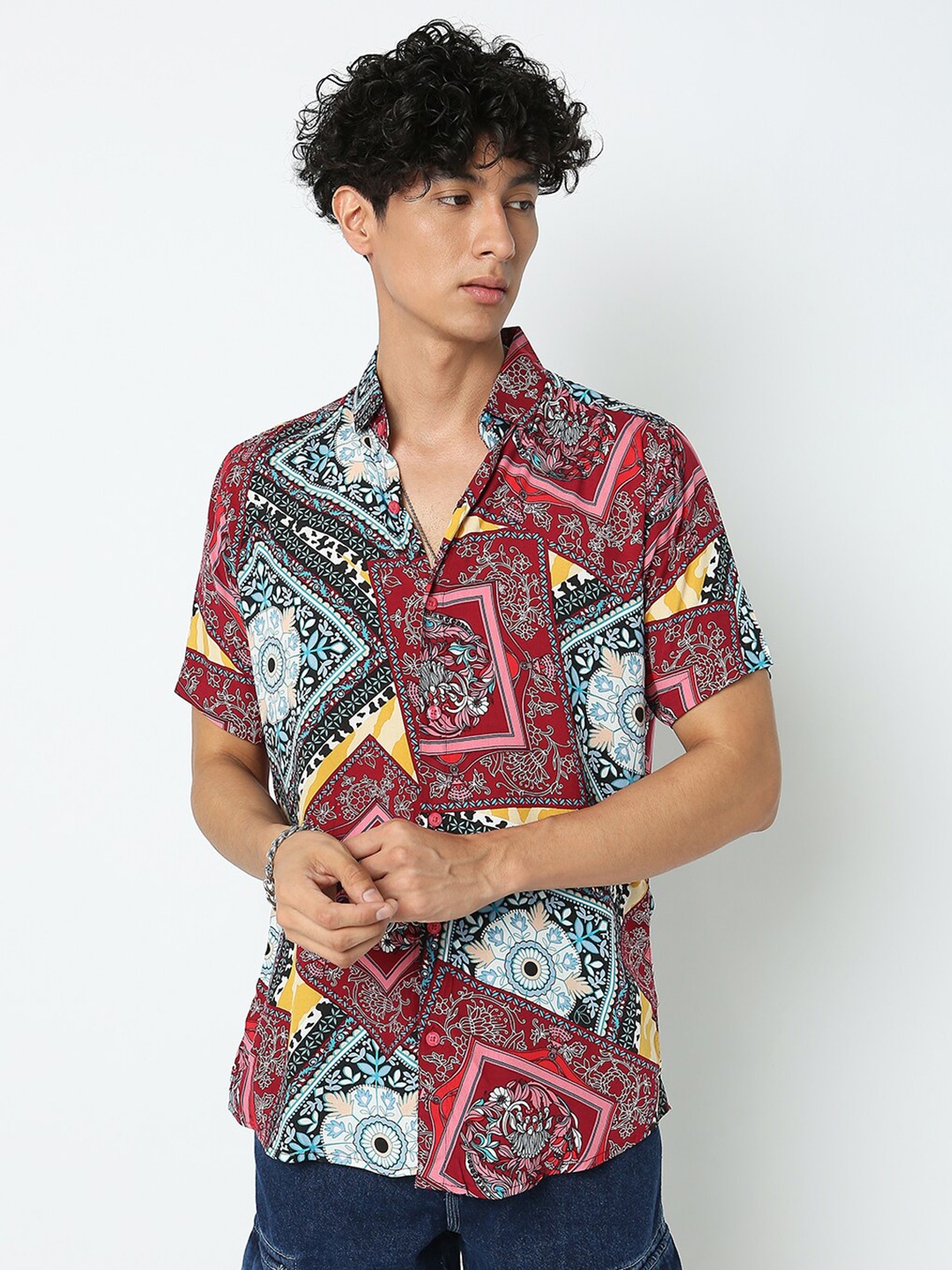 

7Shores Classic Ethnic Motifs Printed Spread Collar Casual Shirt, Red