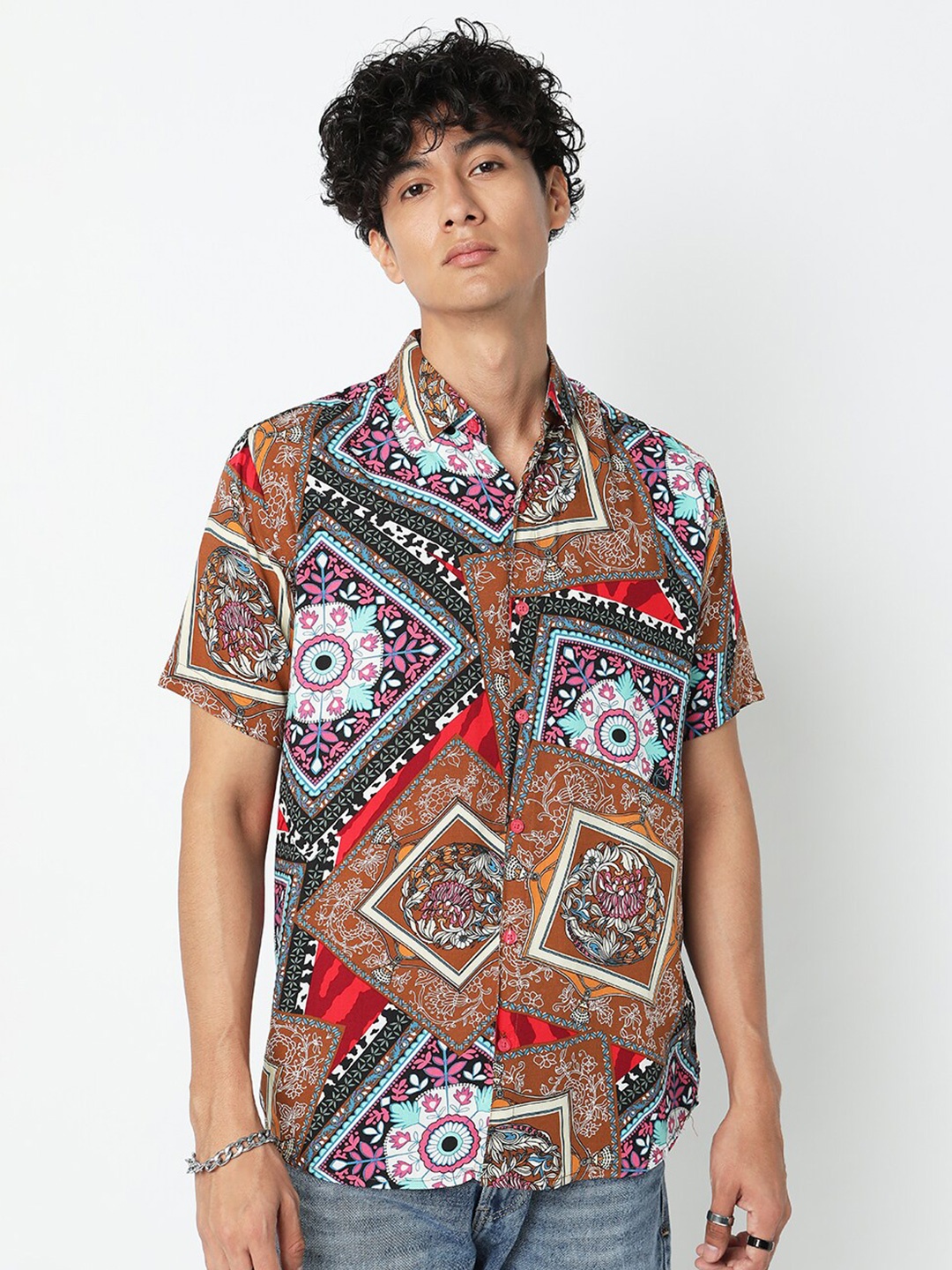 

7Shores Classic Ethnic Motifs Printed Spread Collar Casual Shirt, Brown