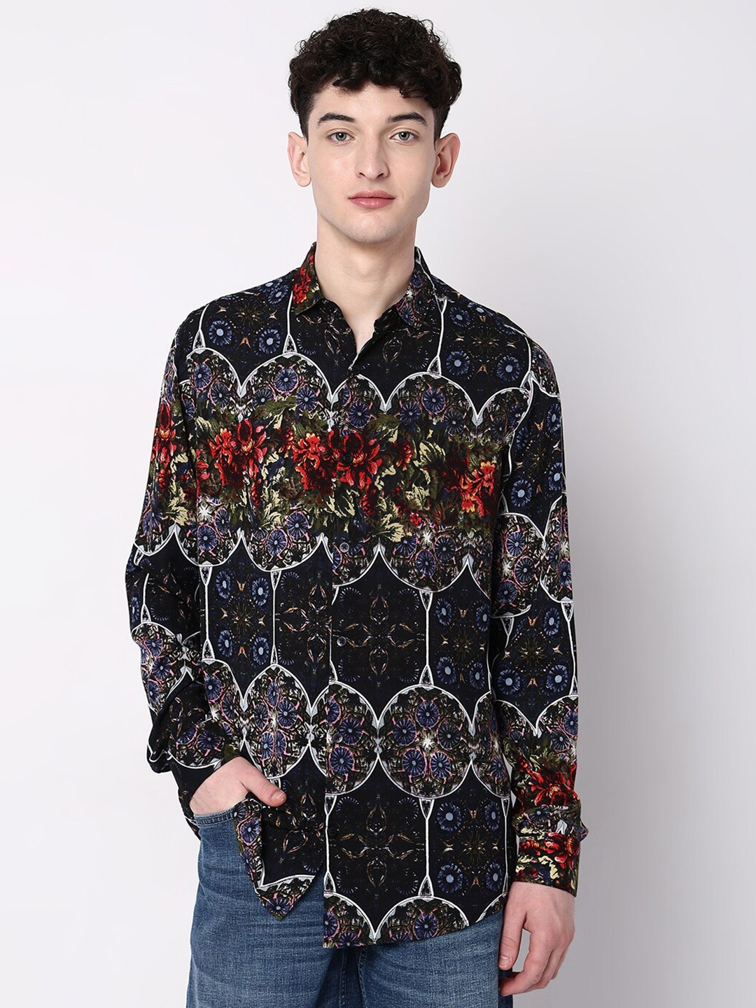 

7Shores Classic Abstract Printed Casual Shirt, Black