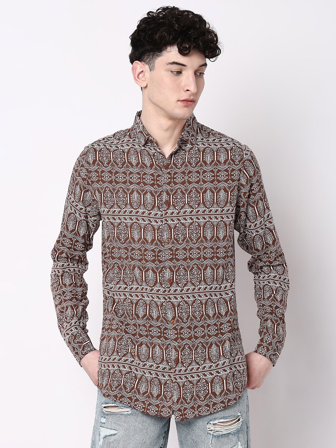 

7Shores Classic Opaque Ethnic Printed Casual Shirt, Brown