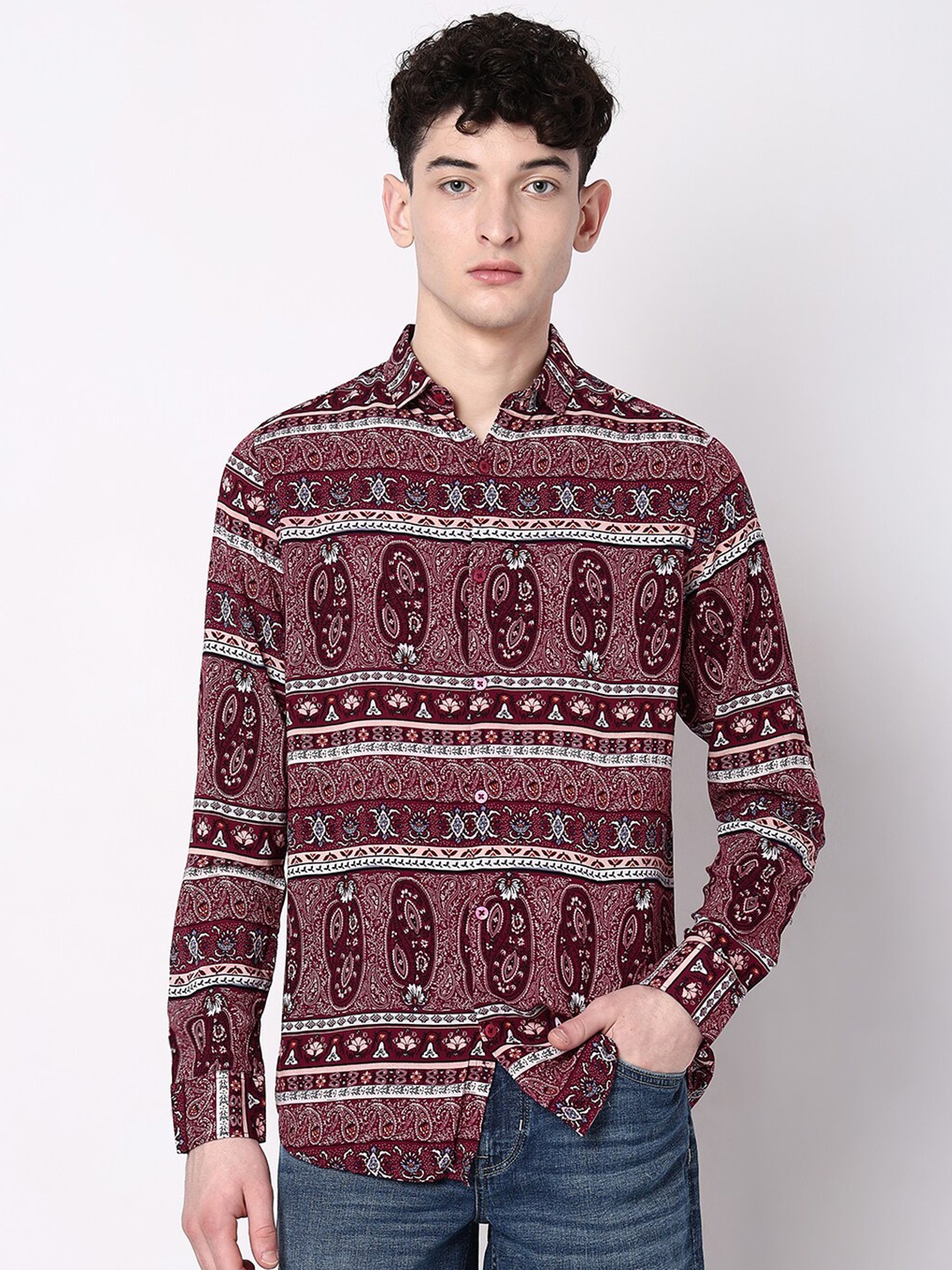 

7Shores Classic Ethnic Motifs Printed Spread Collar Casual Shirt, Maroon