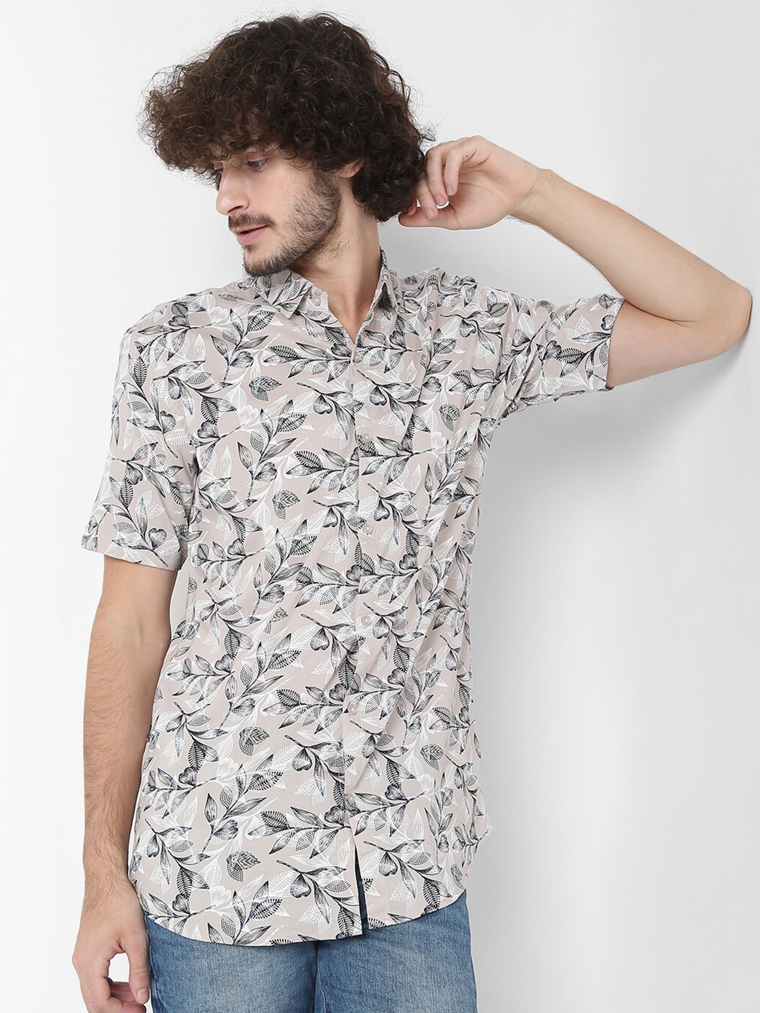 

7Shores Classic Tropical Printed Spread Collar Casual Shirt, Pink