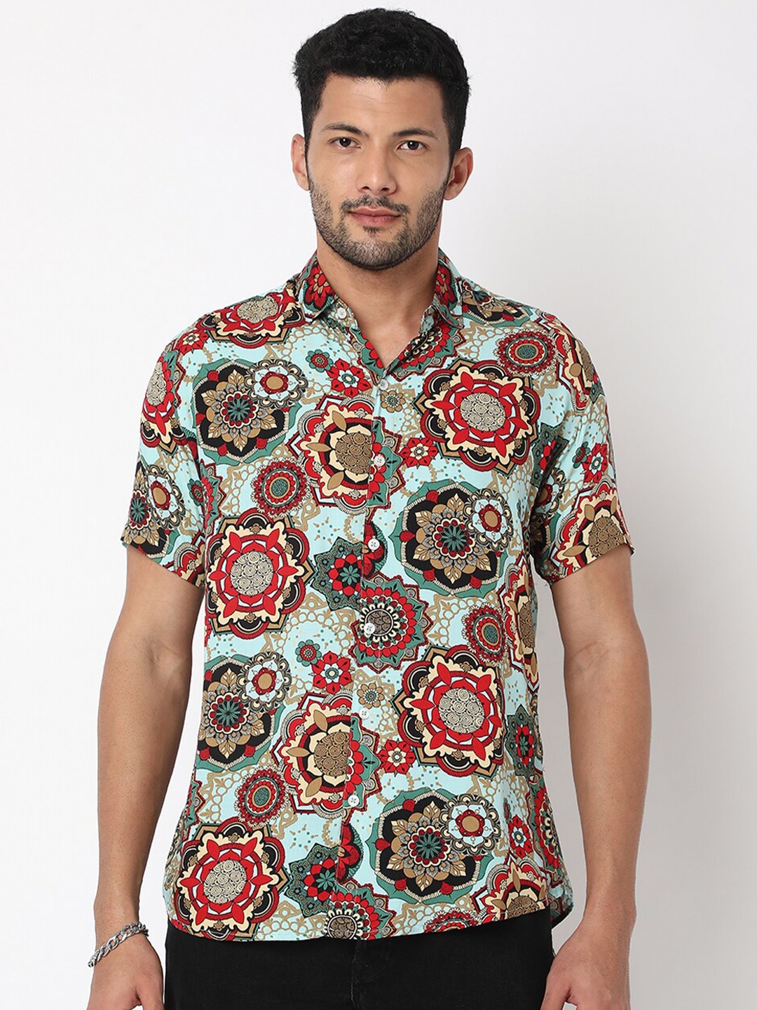 

7Shores Classic Fit Floral Printed Spread Collar Casual Shirt, Turquoise blue