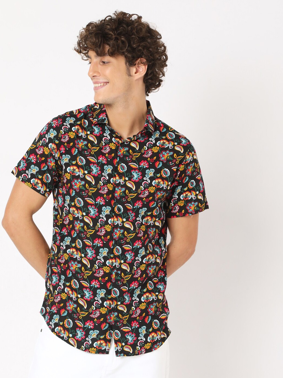 

7Shores Classic Floral Printed Spread Collar Casual Shirt, Black