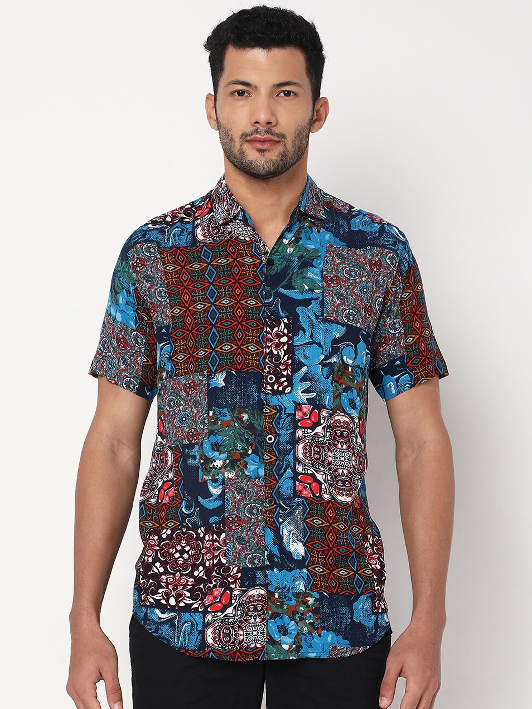 

7Shores Classic Abstract Printed Spread Collar Casual Shirt, Blue