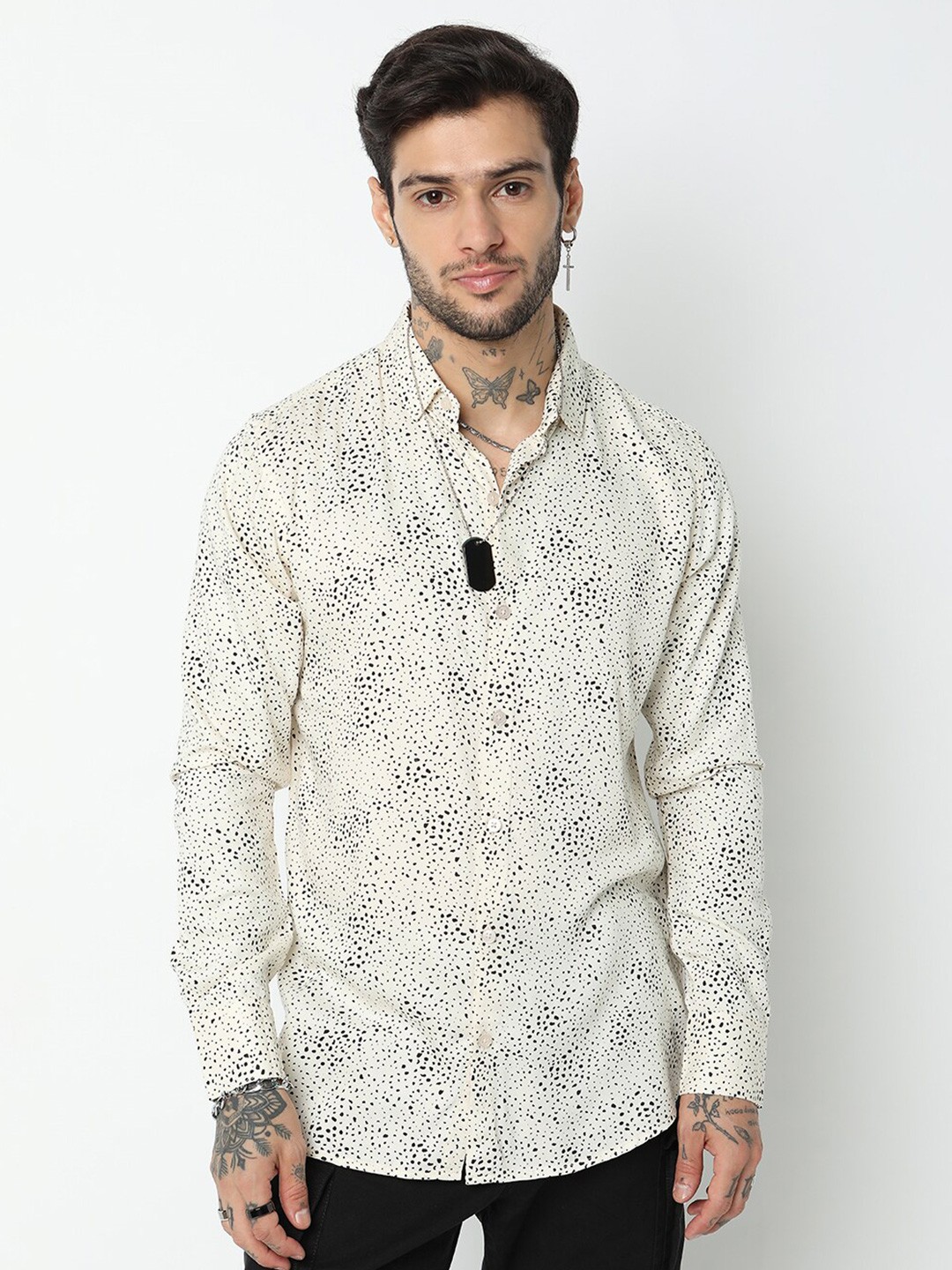 

7Shores Classic Abstract Printed Spread Collar Casual Shirt, White