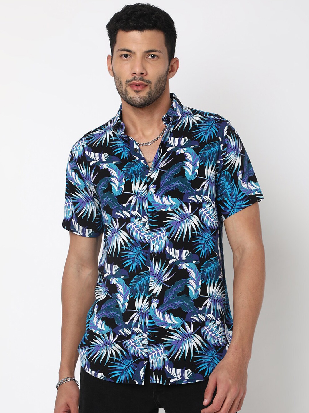 

7Shores Classic Tropical Printed Casual Shirt, Black