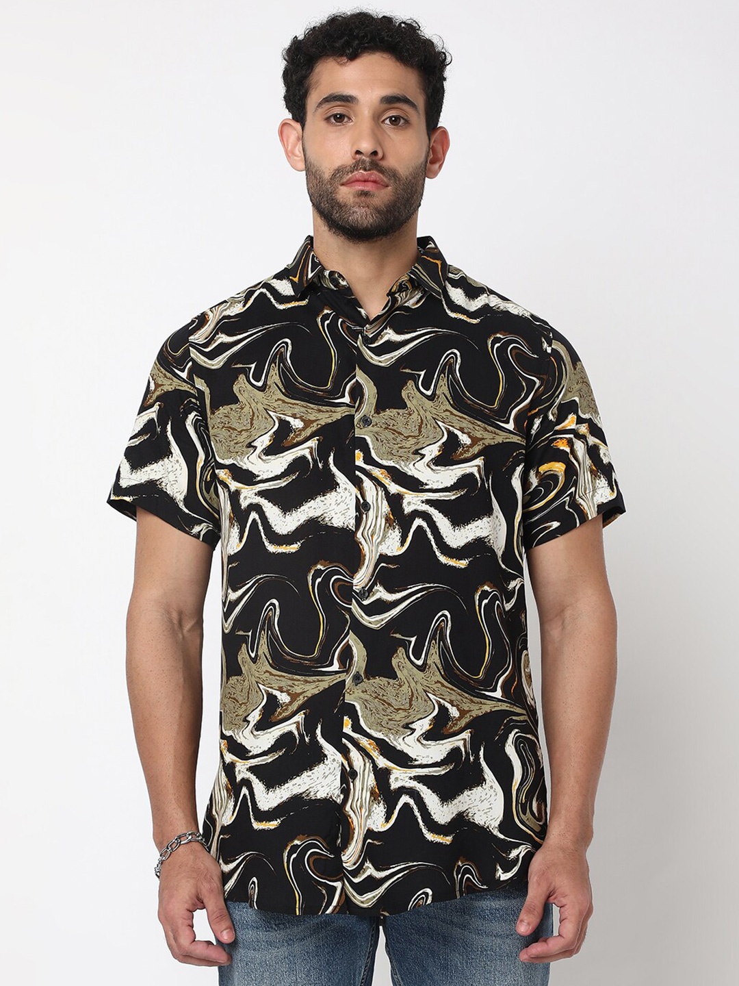 

7Shores Classic Abstract Printed Spread Collar Casual Shirt, Black