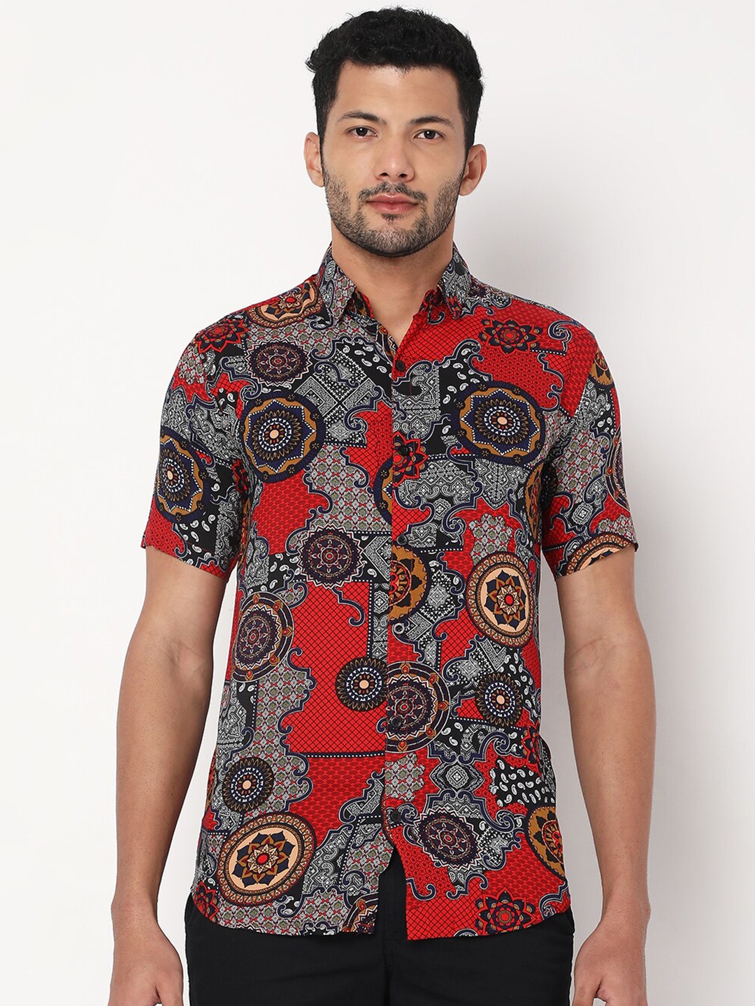 

7Shores Classic Ethnic Motifs Printed Spread Collar Casual Shirt, Red