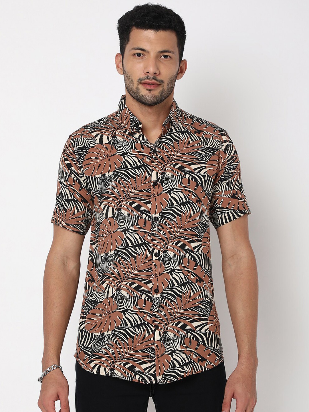 

7Shores Classic Tropical Printed Casual Shirt, Brown