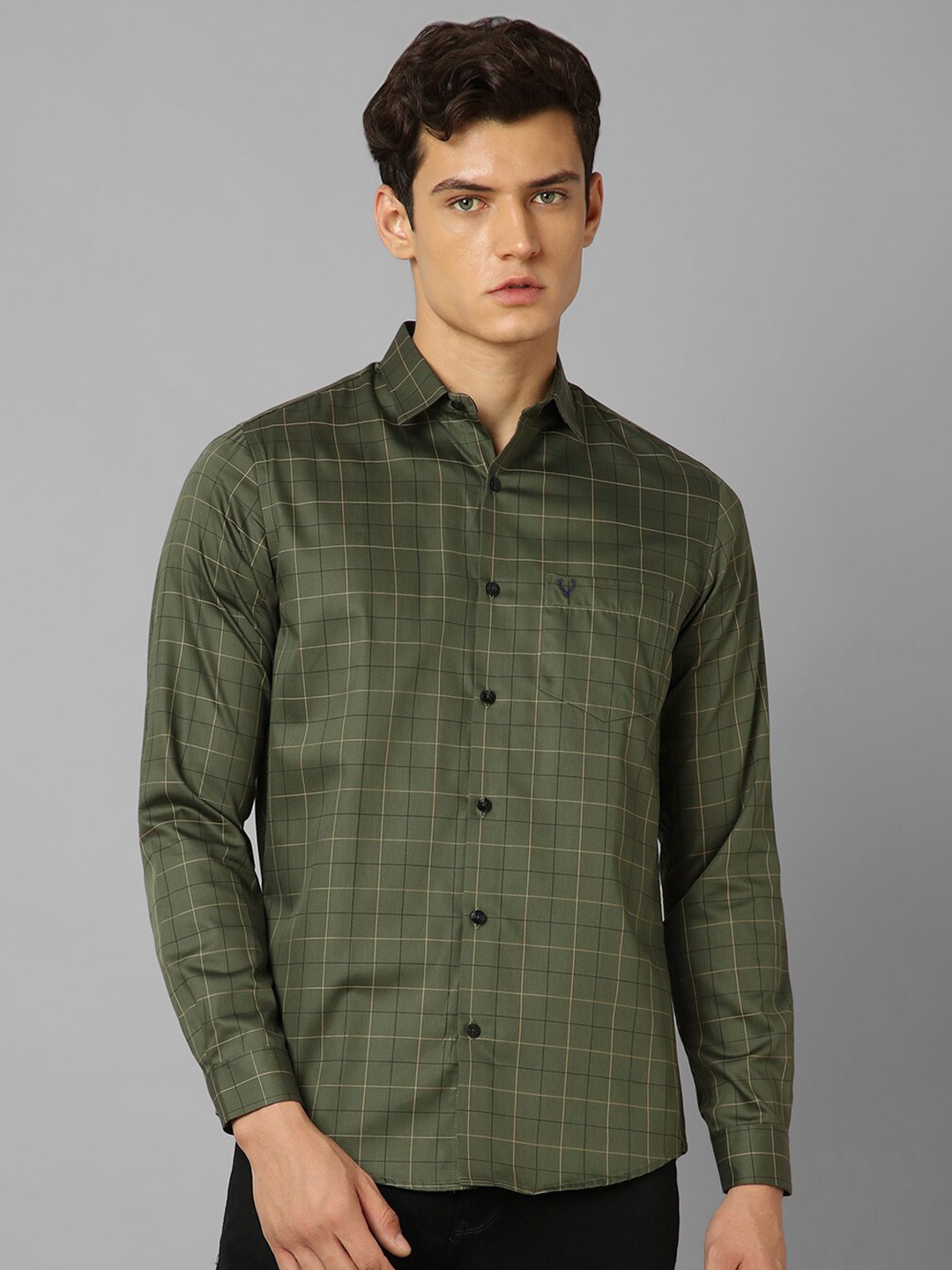 

Allen Solly Slim Fit Tattersall Checked Casual Pure Cotton Shirt, Olive