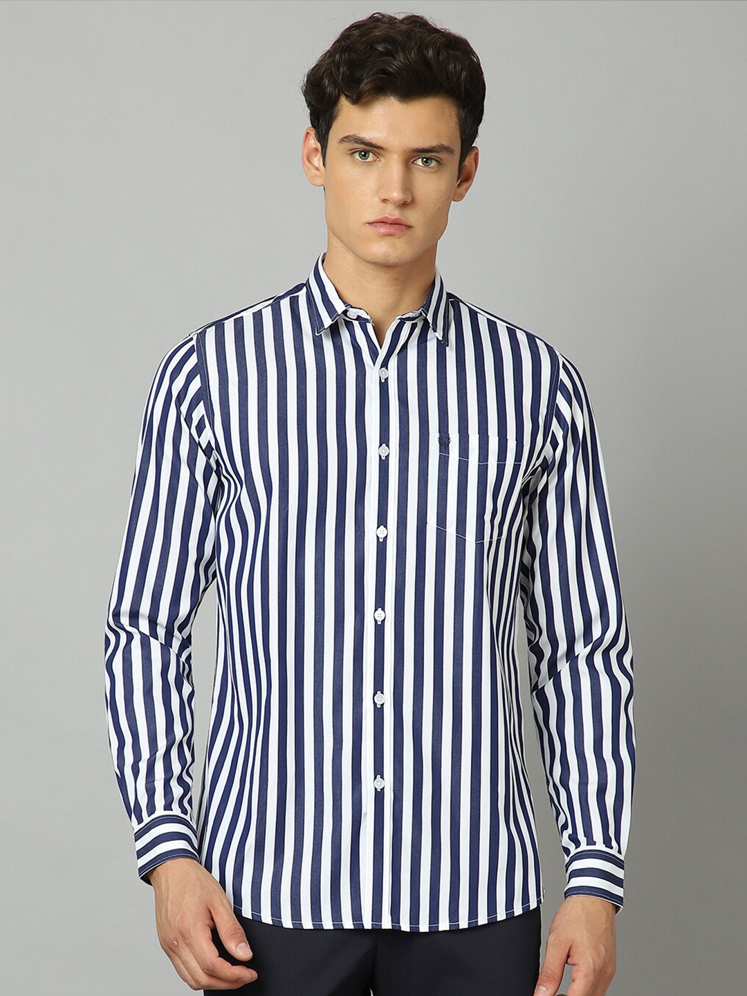 

Allen Solly Spread Collar Slim Fit Striped Casual Pure Cotton Shirt, Navy blue
