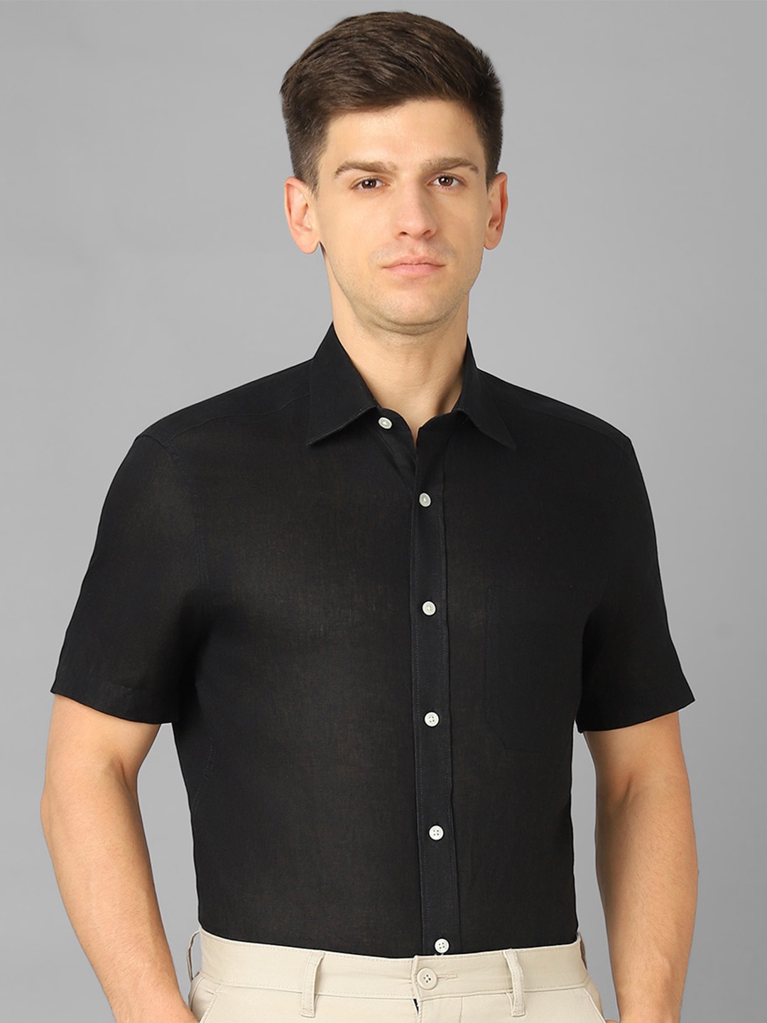 

Louis Philippe Spread Collar Linen Formal Shirt, Black