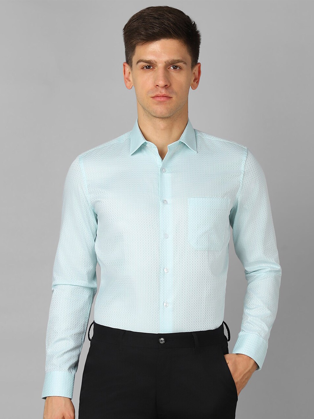 

Louis Philippe Textured Self Design Slim Fit Opaque Pure Cotton Formal Shirt, Blue