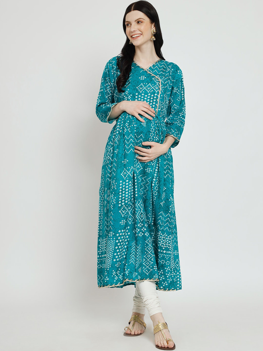 

Aujjessa Maternity Bandhani Printed Gotta Patti Angrakha Kurta, Turquoise blue