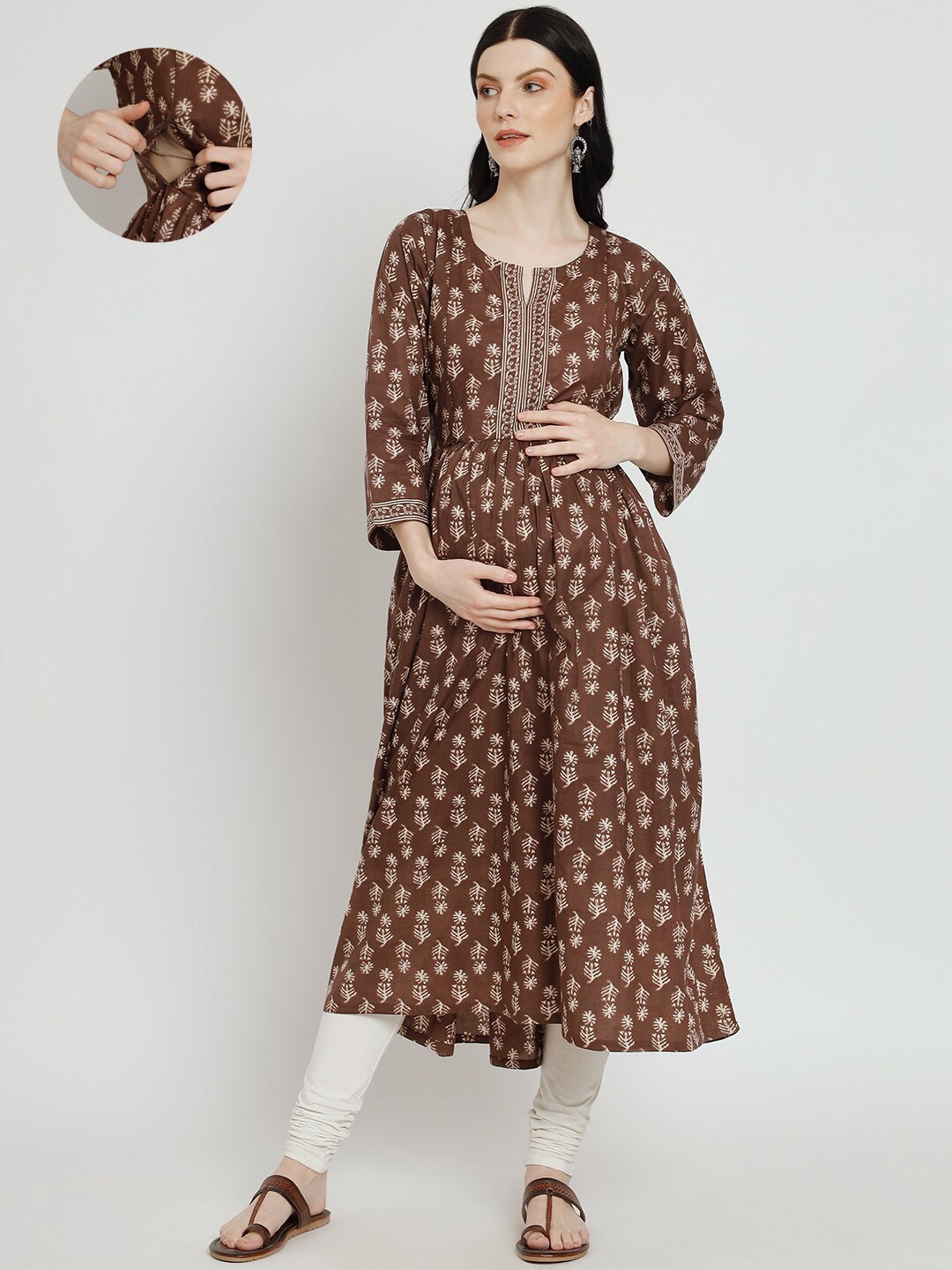 

Aujjessa Maternity Ethnic Motifs Printed Pure Cotton Kurta, Brown