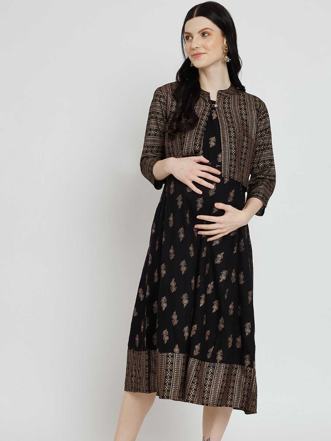 

Aujjessa Ethnic Motifs Printed Round Neck Maternity A-Line Midi Dress With Jacket, Black