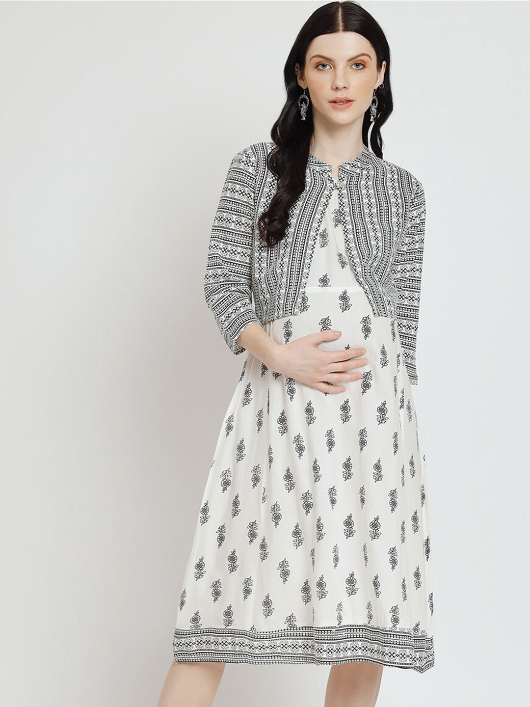 

Aujjessa Ethnic Motifs Printed Round Neck Maternity A-Line Midi Dress With Jacket, White