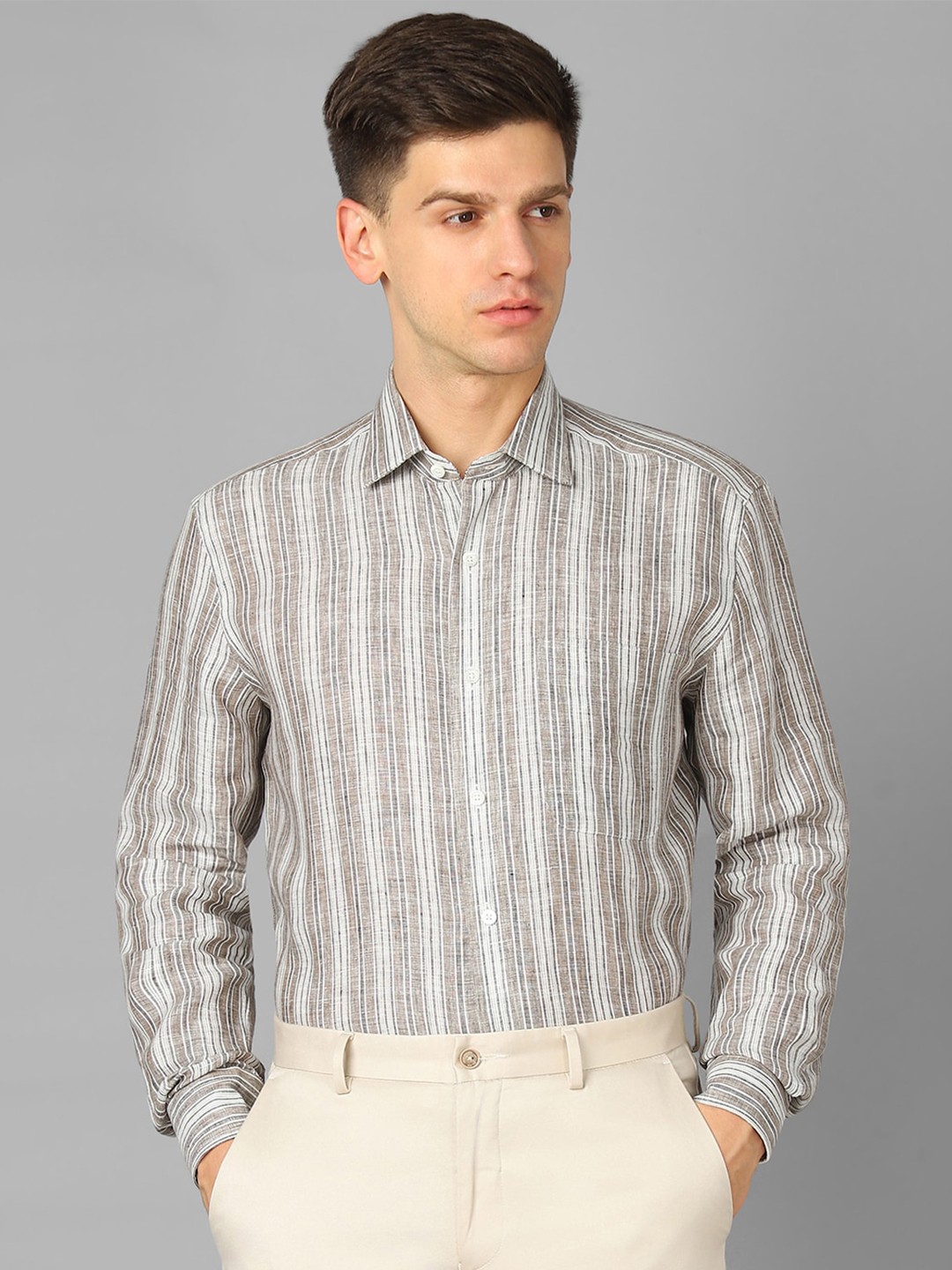 

Luxure by Louis Philippe Classic Fit Striped Pure Linen Formal Shirt, Grey