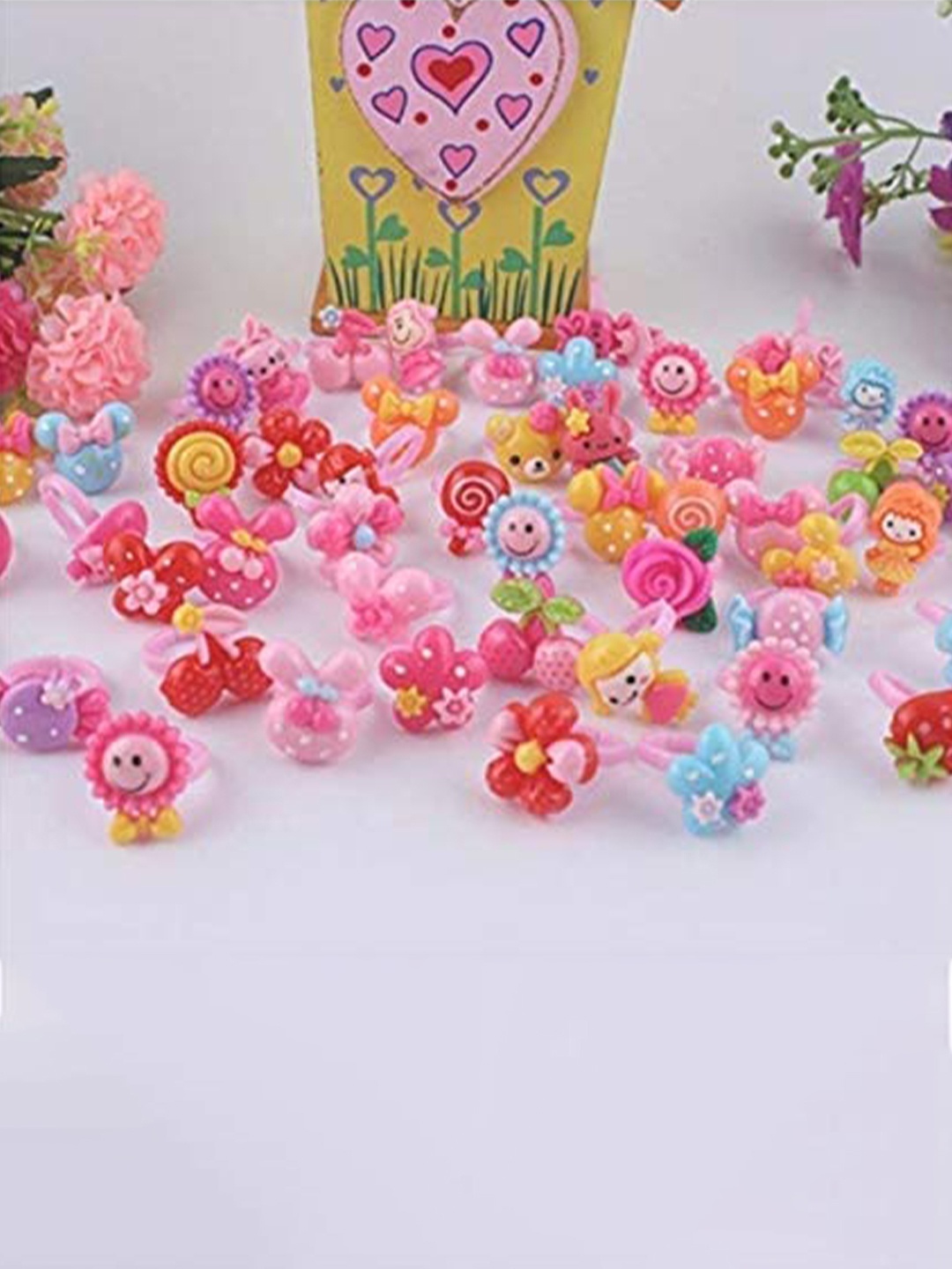 

LYTIX Girls Set Of 30 Cartoon Animals & Bow Shaped Finger Ring Sets, Red