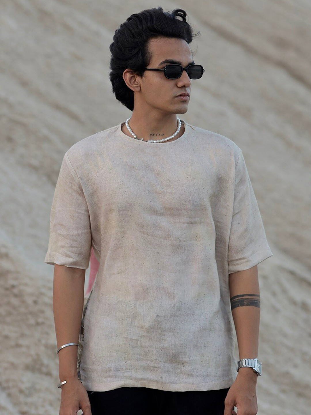 

ADDY'S for men Comfort Fit Graphic Printed Linen Casual T-Shirt, Cream
