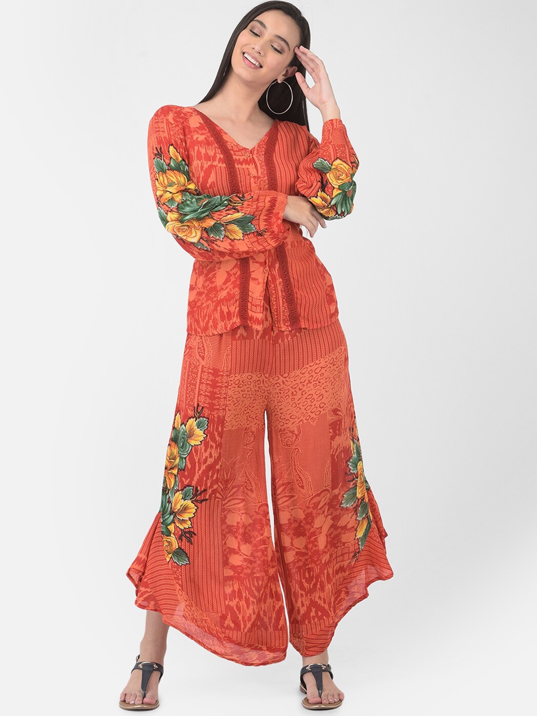 

VELDRESS Women Floral Printed Top With Trousers, Orange