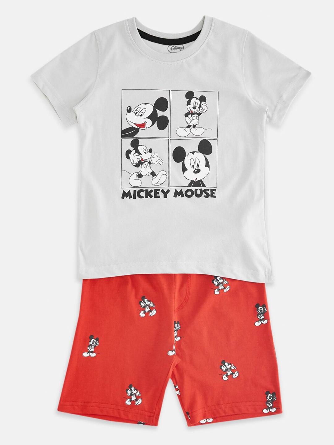 

Pantaloons Junior Boys Mickey Mouse Printed Pure Cotton T-Shirt With Shorts, Grey