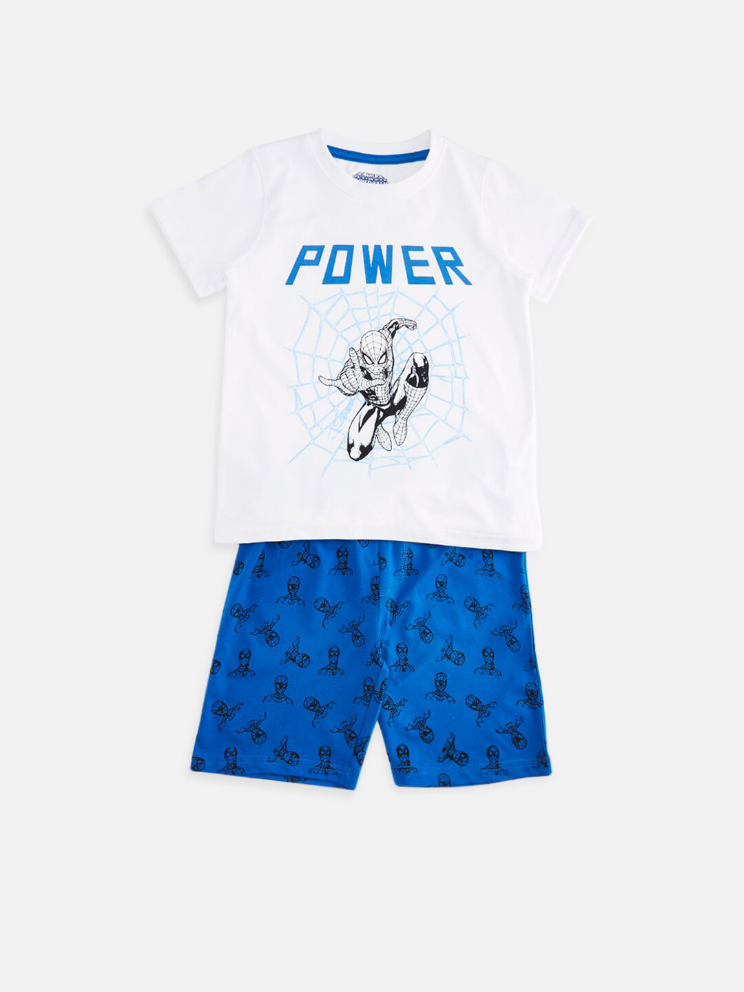 

Pantaloons Junior Boys Superhero Spiderman Graphic Printed Pure Cotton T-Shirt With Shorts, White