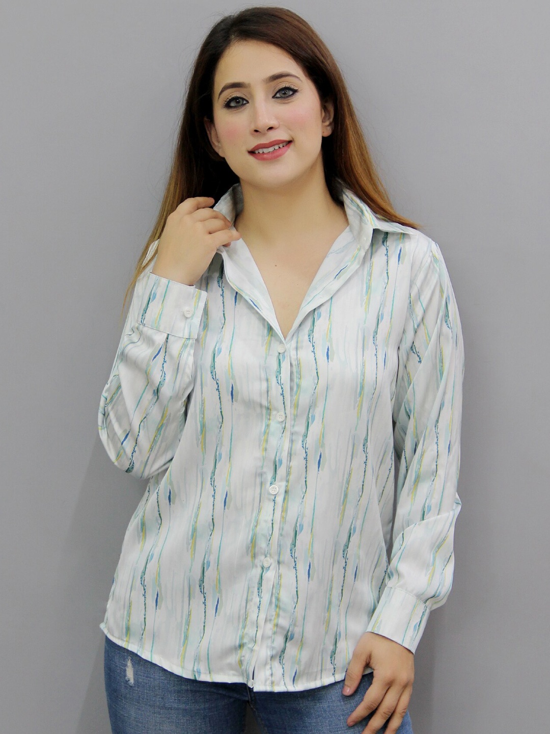 

CRAZEVILLA Comfort Abstract Printed Satin Shirt, Off white