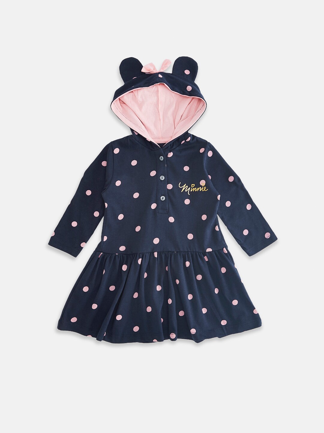 

Pantaloons Baby Girls Polka Dot Print Hooded A-Line Dress, Navy blue