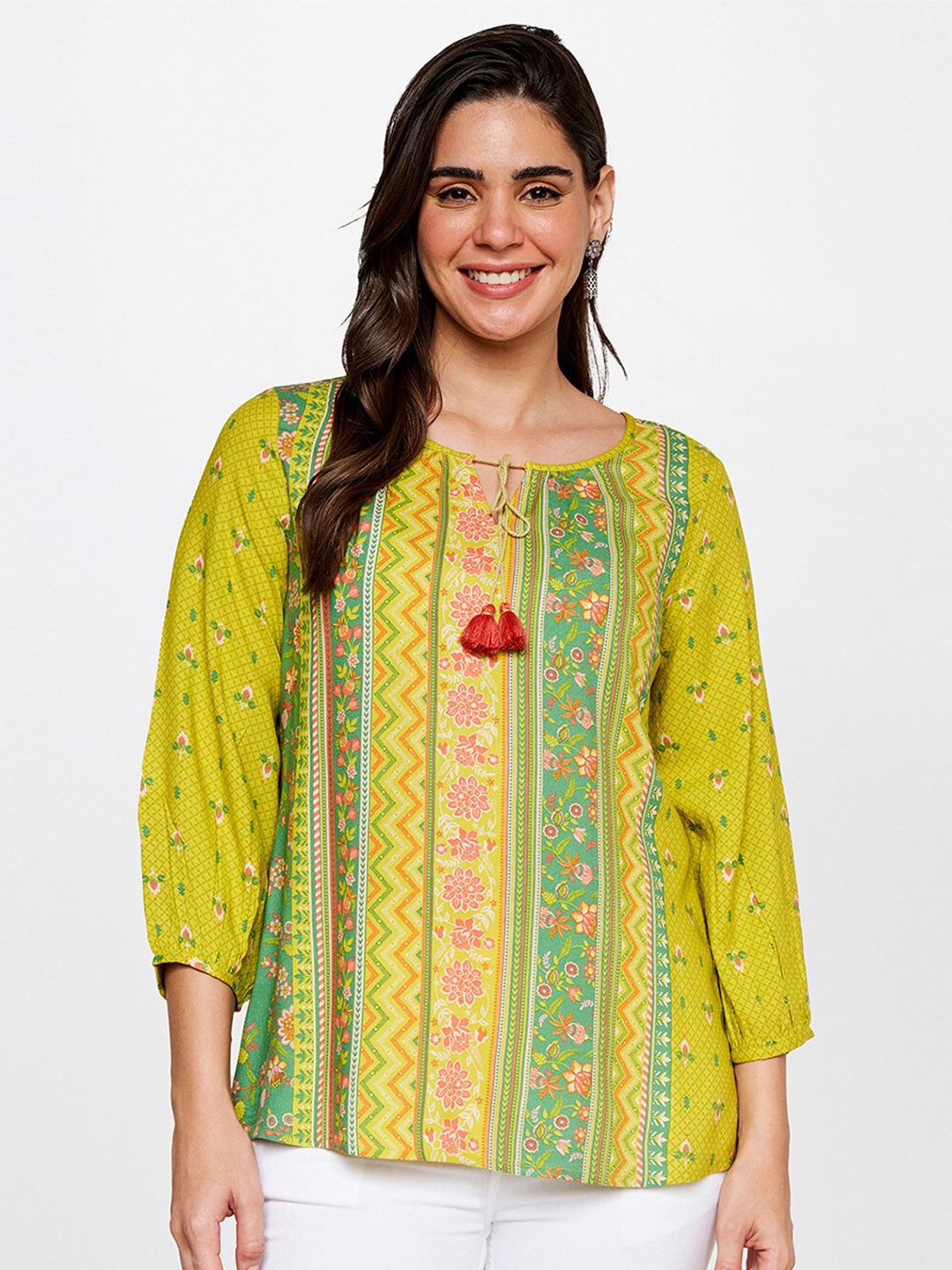 

itse Floral Printed Tie-Up Neck Casual Top, Green