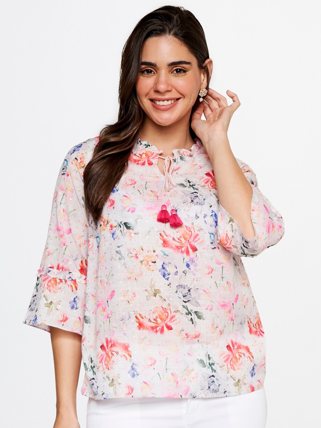 

itse Floral Printed Tie-Ups Neck Flared Sleeves Top, Off white