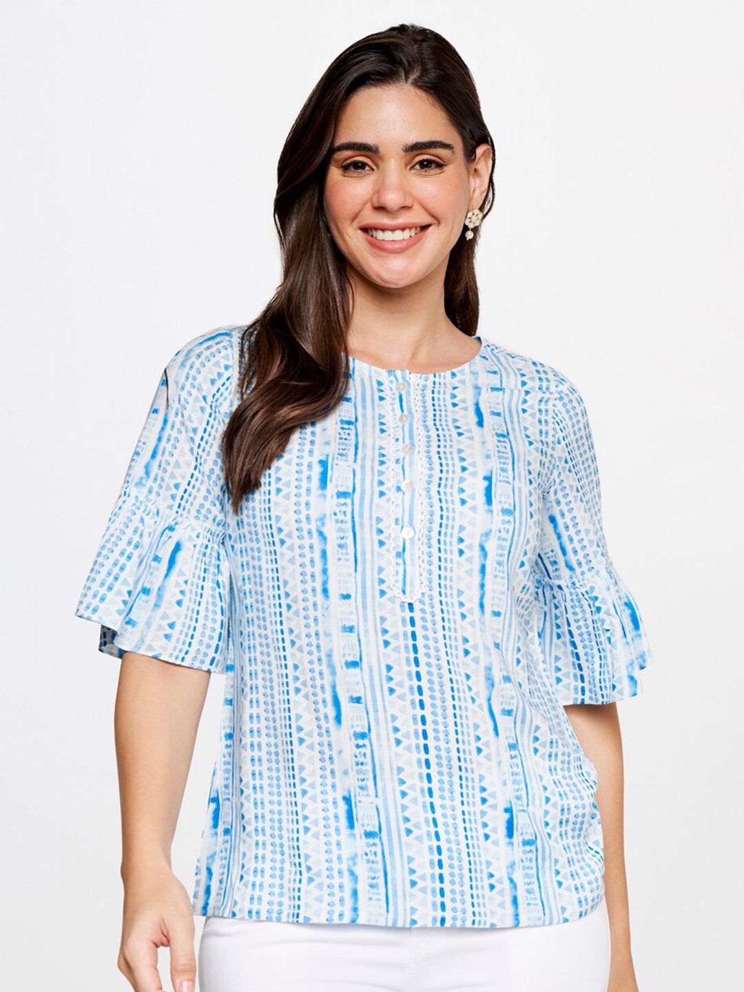 

itse Checked Flared Sleeves Top, Blue