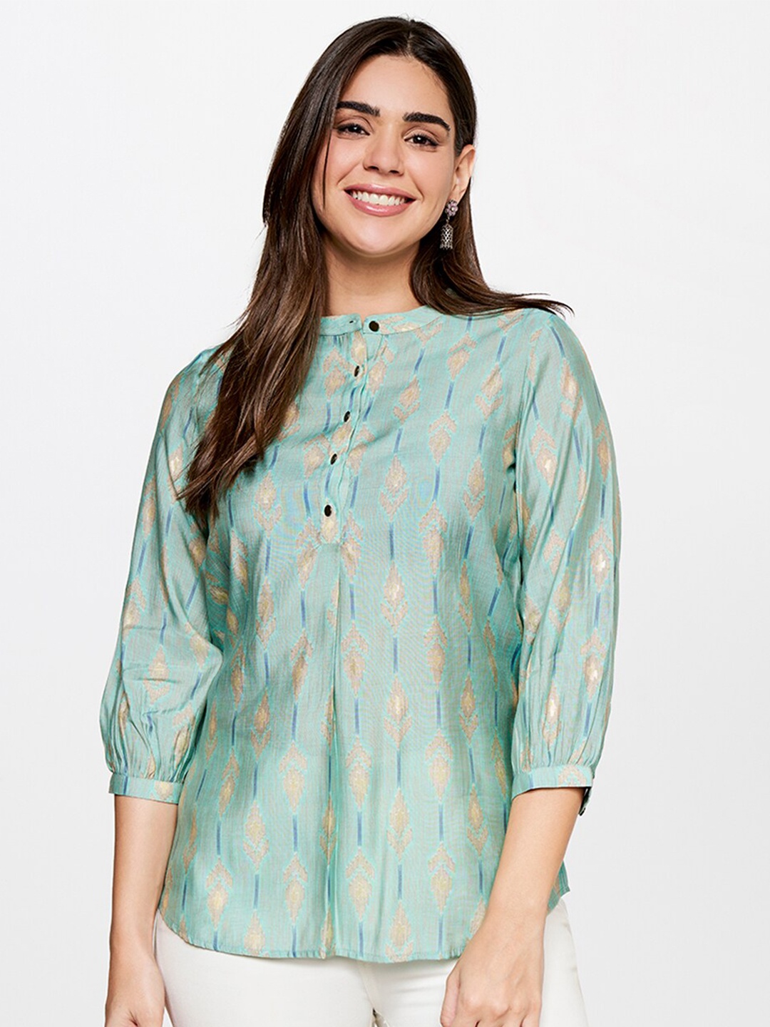 

itse Ethnic Printed Mandarin Collar Casual Top, Blue