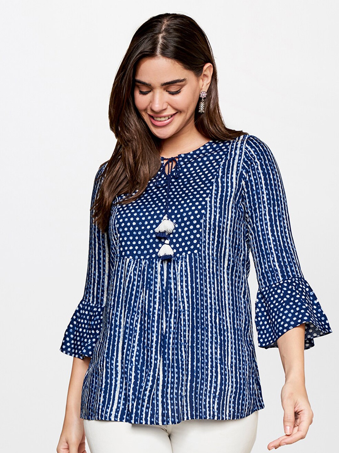 

itse Vertical Striped Tie-Up Neck Bell Sleeves Top, Blue