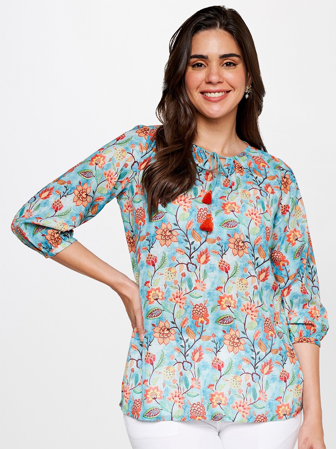 

itse Floral Printed Tie-Up Neck Casual Top, Teal