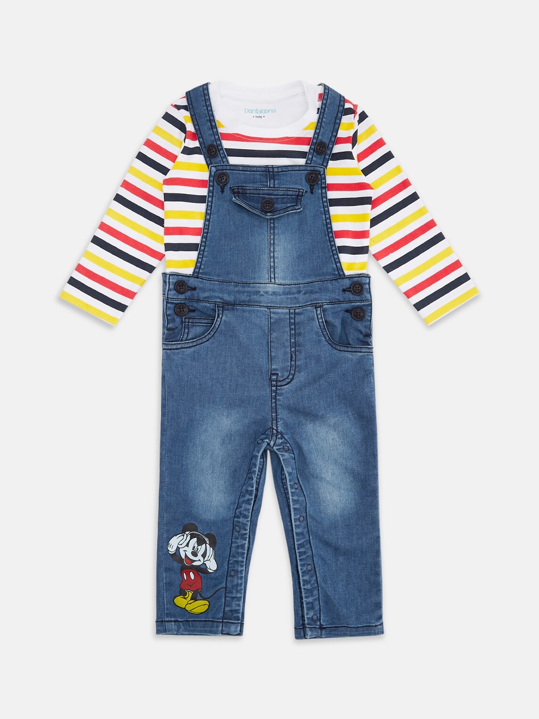 

Pantaloons Baby Infant Boys Mickey Mouse Printed Cotton Dungaree With T-shirt, Blue