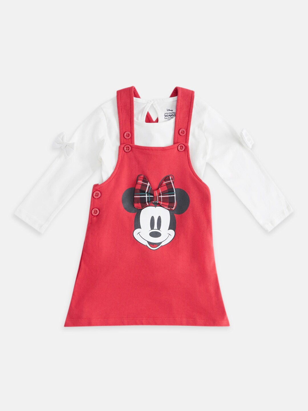 

Pantaloons Baby Infant Girls Minnie Mouse Printed Cotton Dungaree With T-Shirt, Red