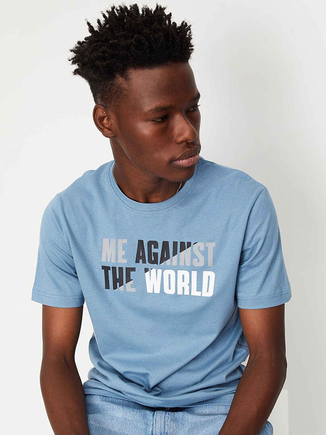 max Men Typography Printed Pure Cotton T-shirt, Blue