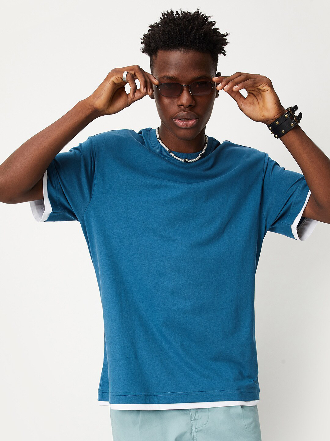 

max Round Neck Drop-Shoulder Sleeve Pure Cotton T-shirt, Blue