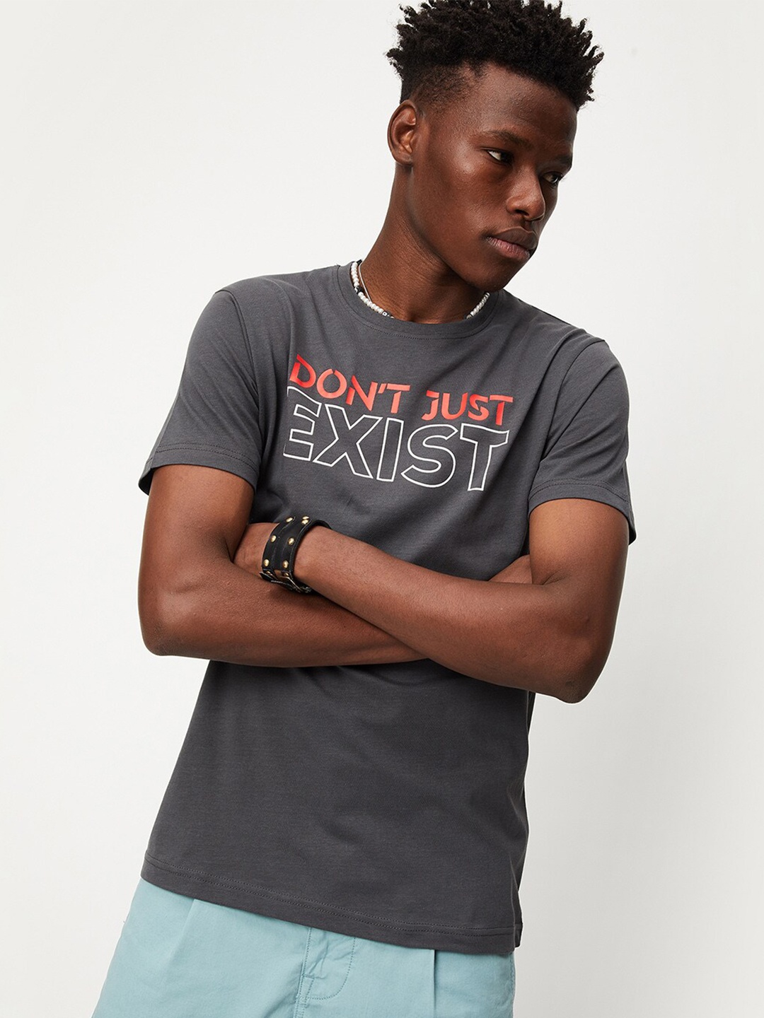 

max Typography Printed Pure Cotton T-shirt, Grey