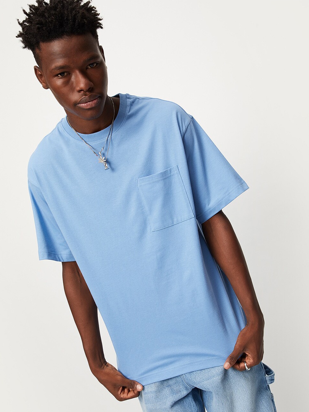 

max Printed Drop-Shoulder Sleeves Pockets Pure Cotton T-shirt, Blue