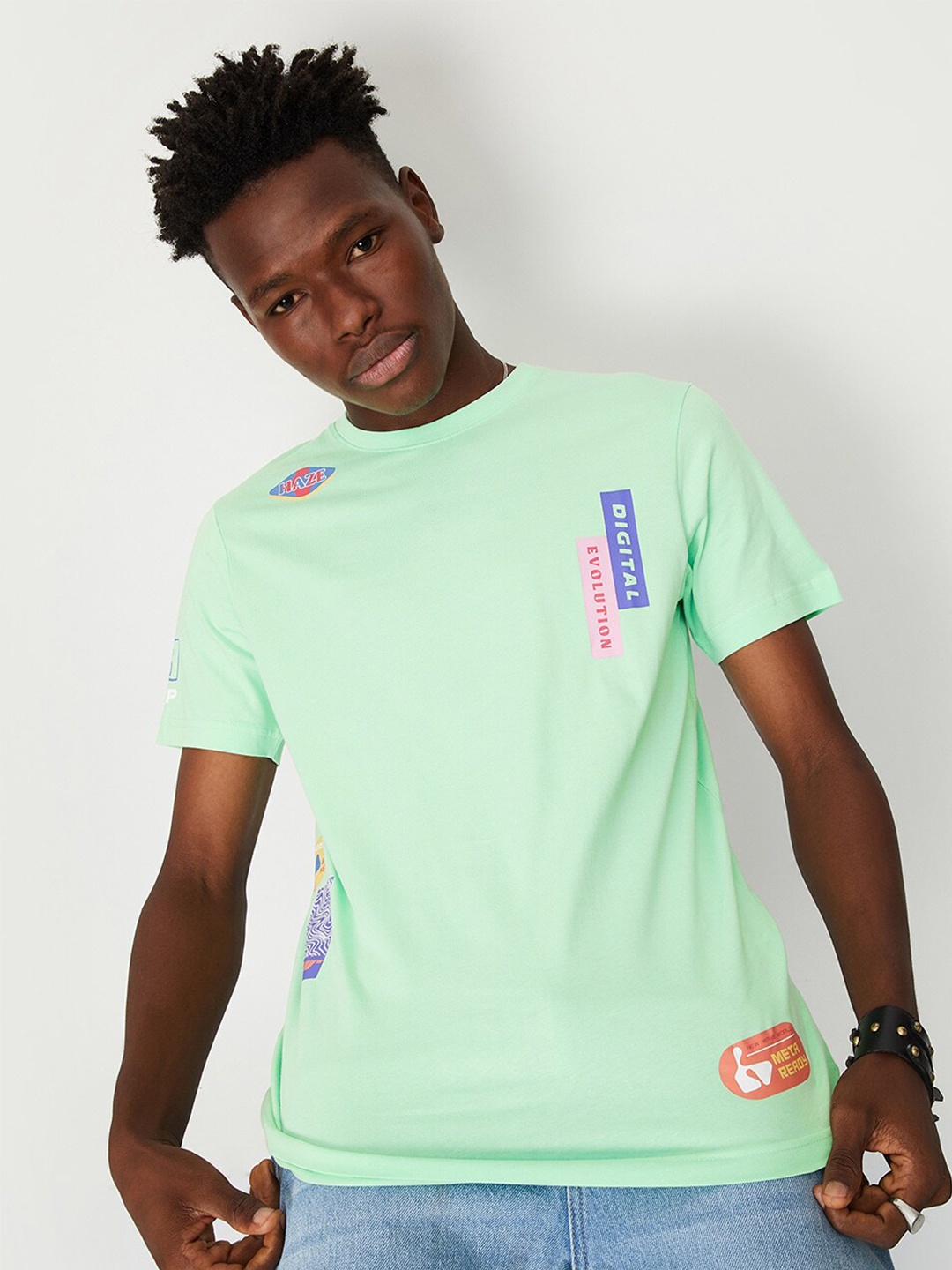 

max Typography Printed Pure Cotton T-shirt, Green