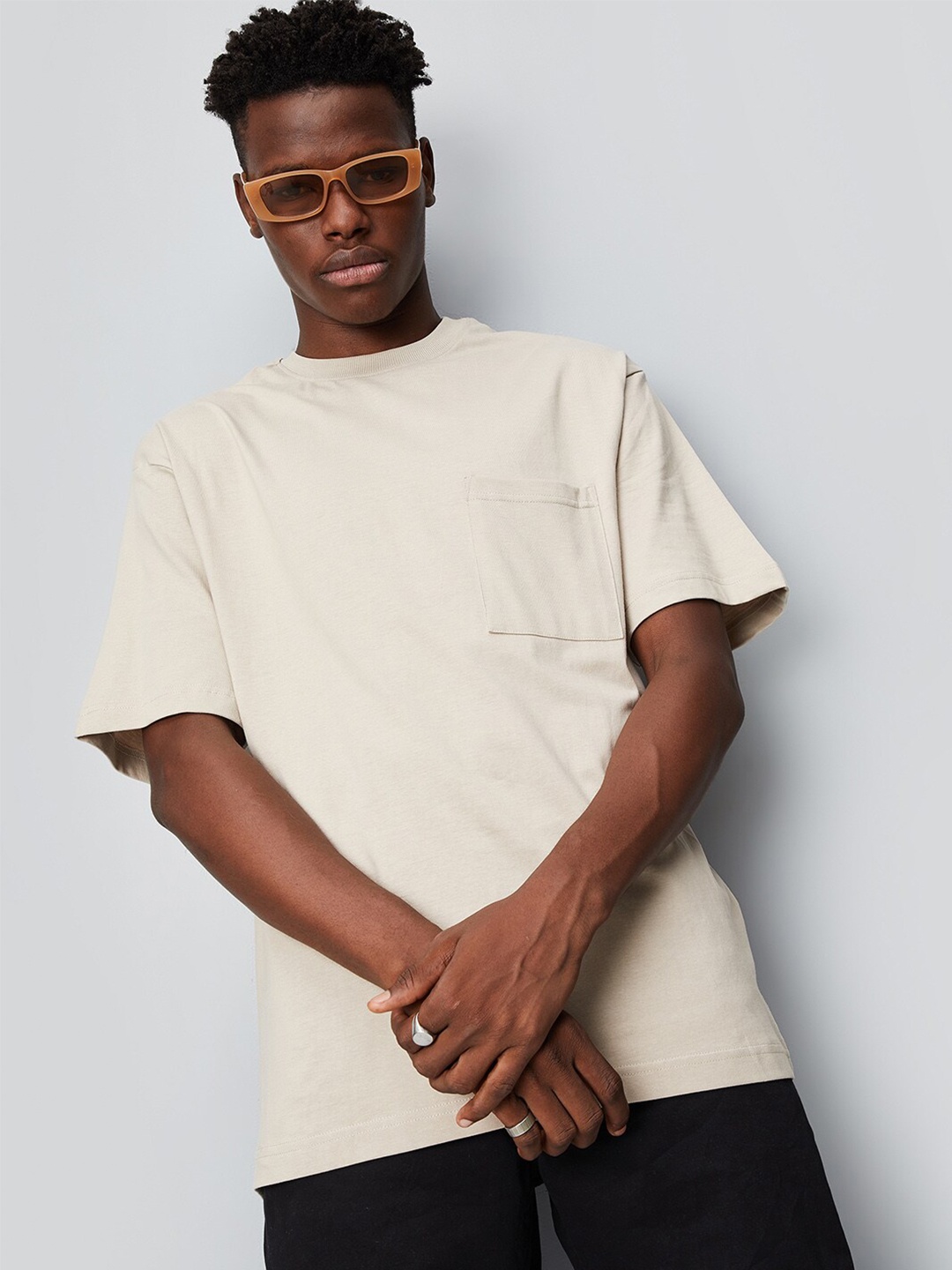 

max Round Neck Drop-Shoulder Sleeve Pure Cotton T-shirt, Beige