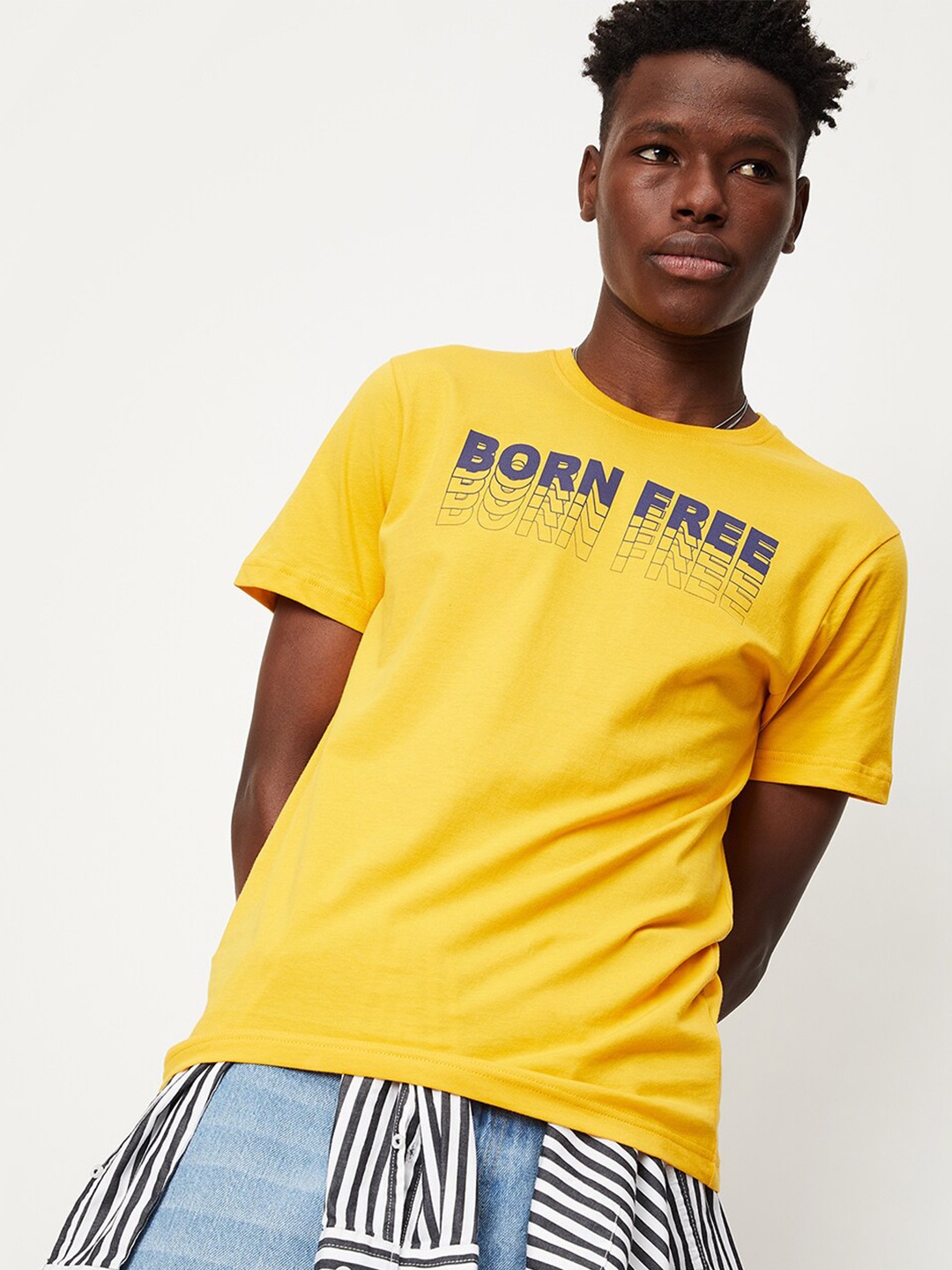 

max Typography Printed Round Neck Pure Cotton T-shirt, Yellow