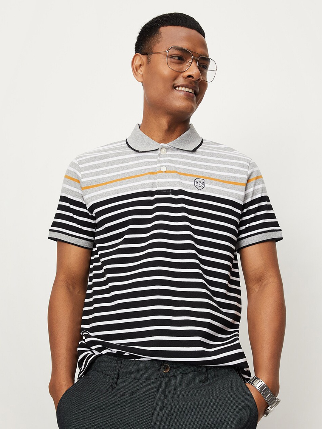 

max Striped Polo Collar Regular Collar T-shirt, Grey