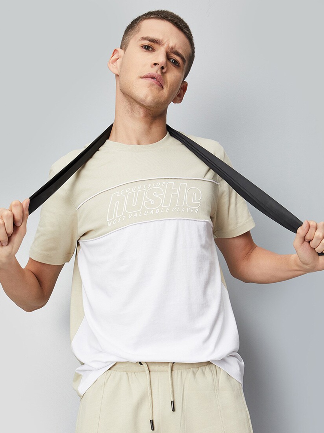 

max Colourblocked Pure Cotton T-shirt, Beige