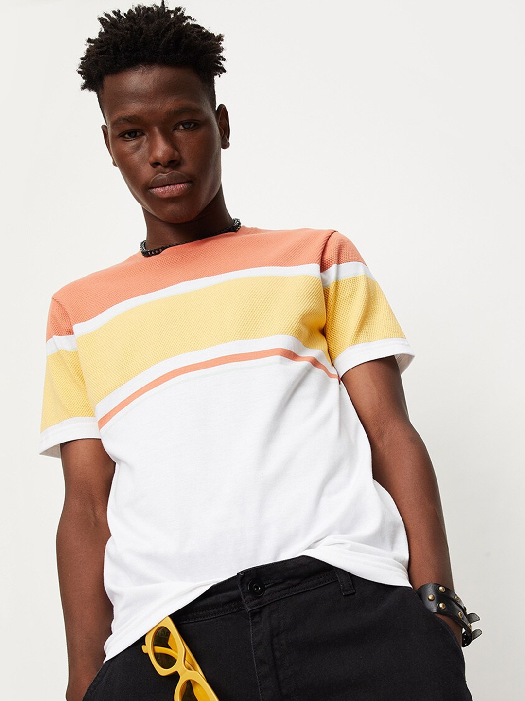 

max Colourblocked Round Neck T-shirt, Orange